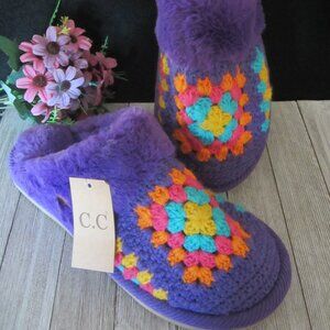NEW - C.C Granny Square Crocheted Purple with Faux Fur Trim Slip On Slippers